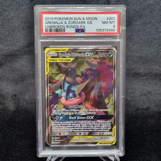 Pokemon Sun & Moon Unbroken Bonds 201 Full Alt Art Greninja & Zoroark GX PSA 80