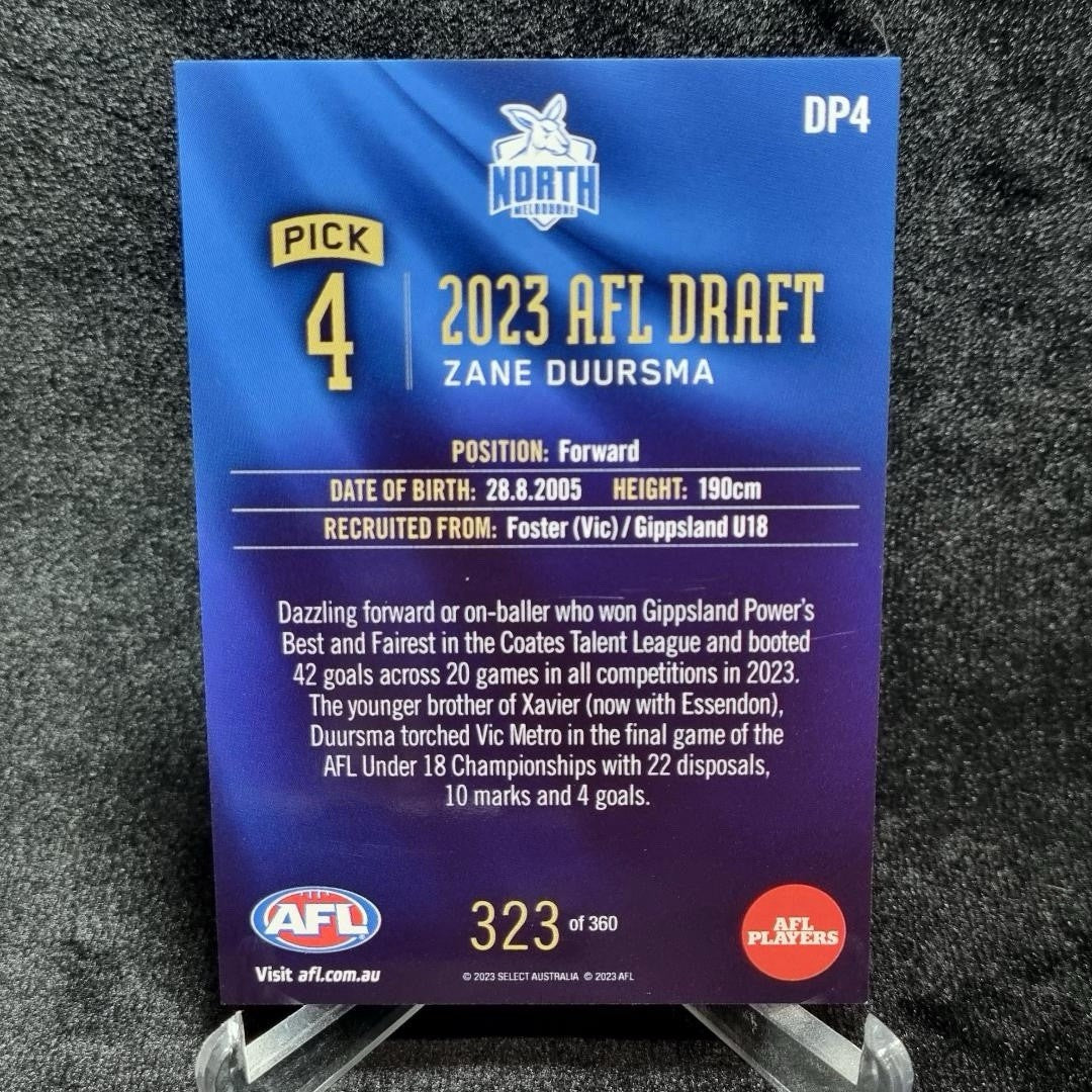 AFL 2023 Zane Duursma Draft Pick #4 /360 Select North Melbourne1