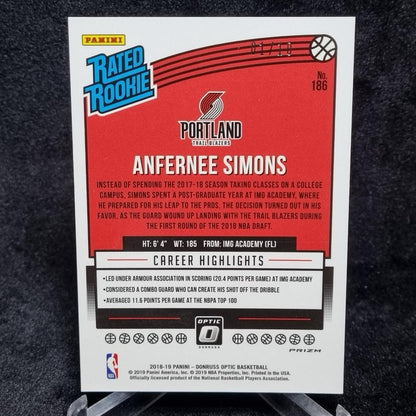 2018-19 Panini Optic Rated Rookie #186 Gold Fast Break 1/10 Anfernee Simons1