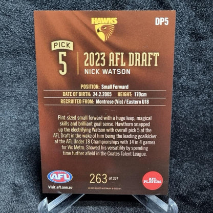 AFL 2023 Nick Watson Draft Pick #5 /357 Select Hawthorn Hawks1
